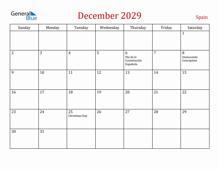 Spain December 2029 Calendar - Sunday Start