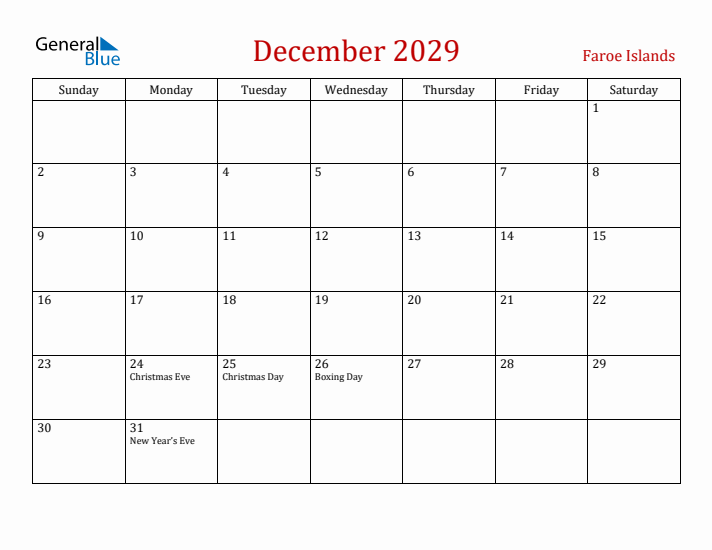 Faroe Islands December 2029 Calendar - Sunday Start