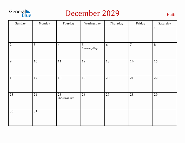 Haiti December 2029 Calendar - Sunday Start