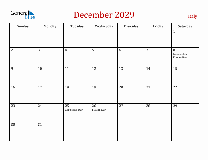 Italy December 2029 Calendar - Sunday Start