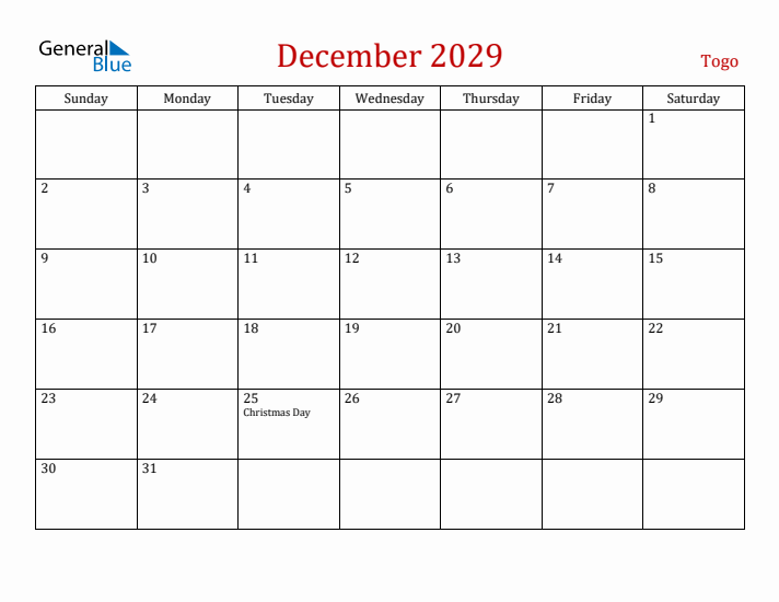 Togo December 2029 Calendar - Sunday Start