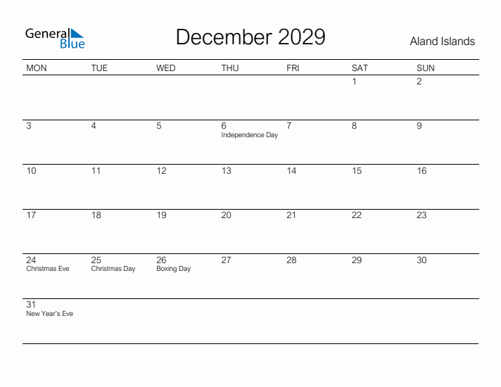 Printable December 2029 Calendar for Aland Islands