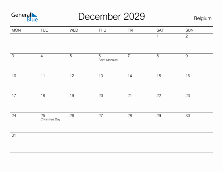 Printable December 2029 Calendar for Belgium