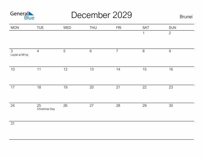 Printable December 2029 Calendar for Brunei