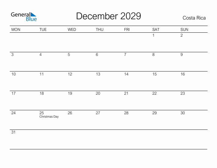 Printable December 2029 Calendar for Costa Rica