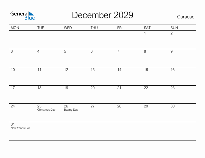 Printable December 2029 Calendar for Curacao