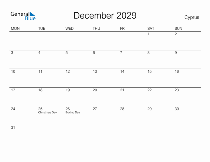 Printable December 2029 Calendar for Cyprus