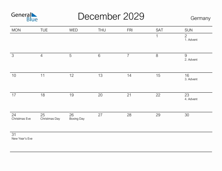 Printable December 2029 Calendar for Germany