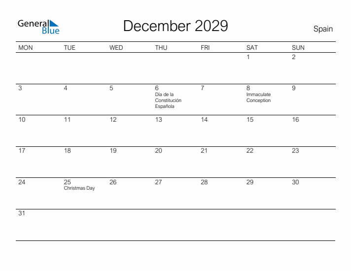 Printable December 2029 Calendar for Spain