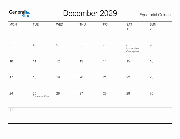 Printable December 2029 Calendar for Equatorial Guinea