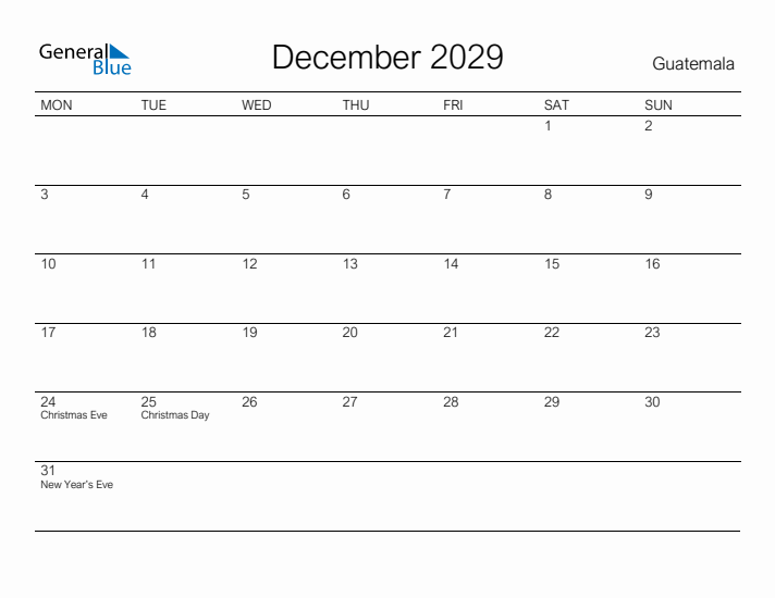 Printable December 2029 Calendar for Guatemala