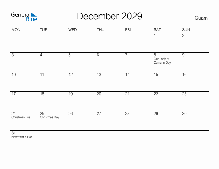 Printable December 2029 Calendar for Guam