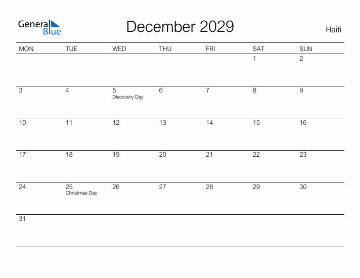 Printable December 2029 Calendar for Haiti