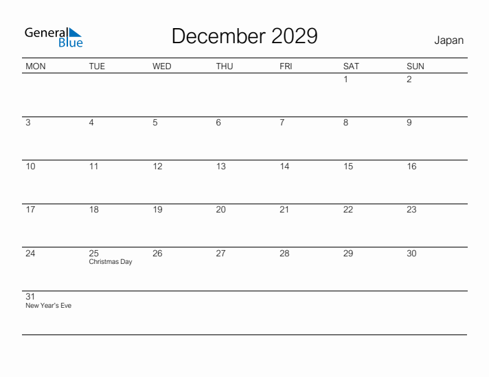 Printable December 2029 Calendar for Japan