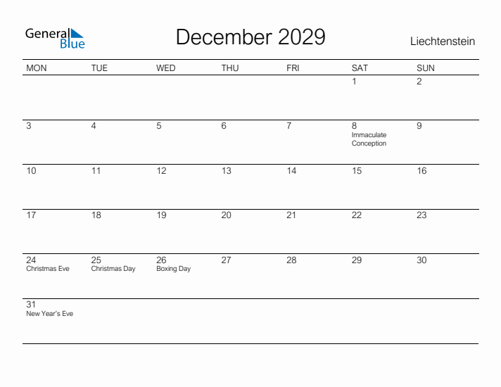 Printable December 2029 Calendar for Liechtenstein