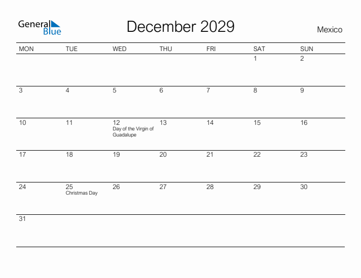 Printable December 2029 Calendar for Mexico