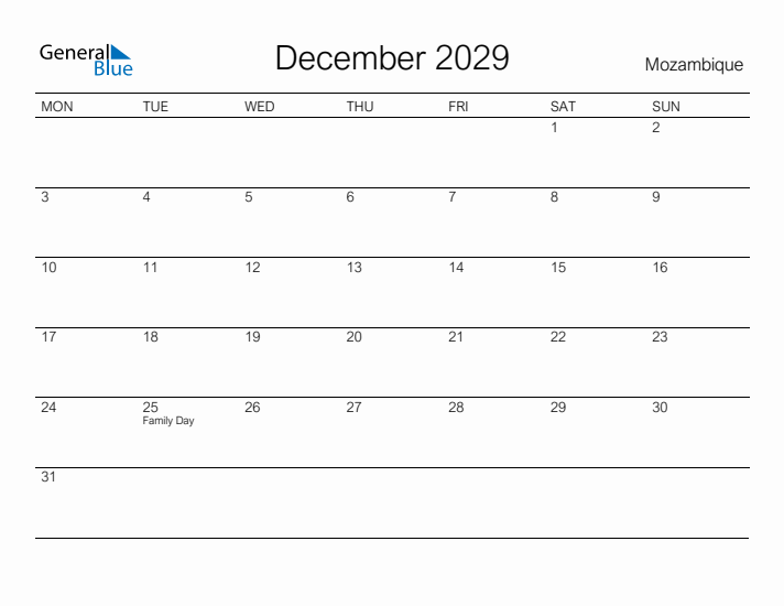 Printable December 2029 Calendar for Mozambique