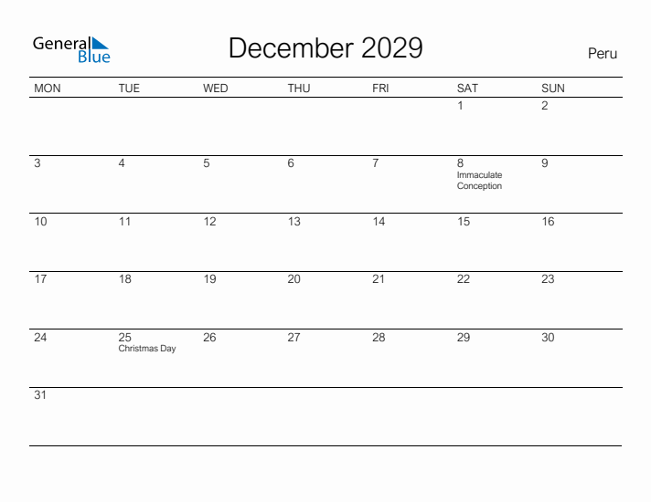 Printable December 2029 Calendar for Peru