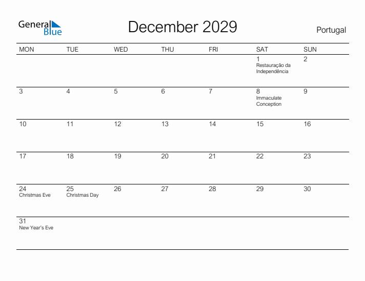 Printable December 2029 Calendar for Portugal