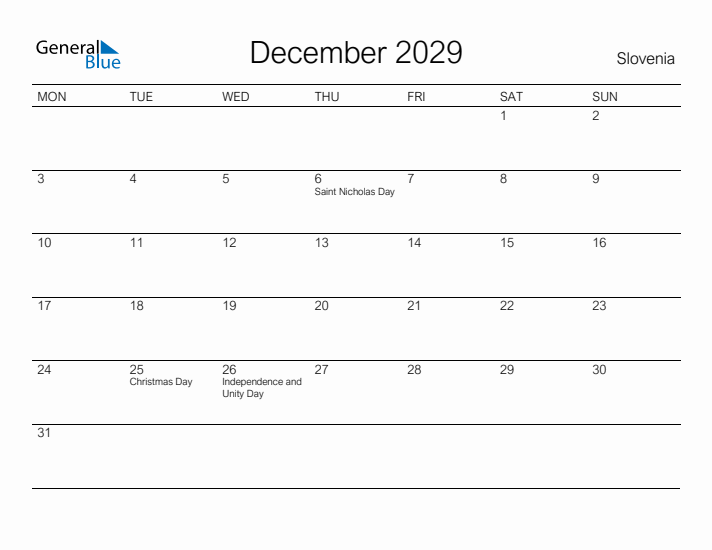 Printable December 2029 Calendar for Slovenia