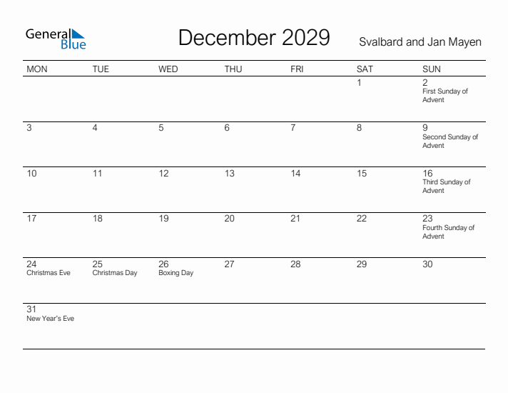 Printable December 2029 Calendar for Svalbard and Jan Mayen