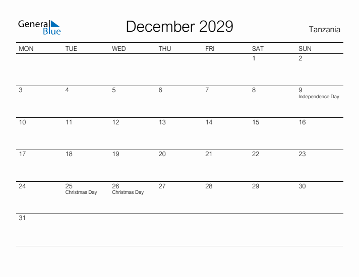 Printable December 2029 Calendar for Tanzania