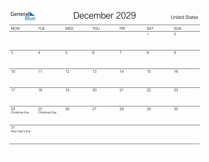 Printable December 2029 Calendar for United States