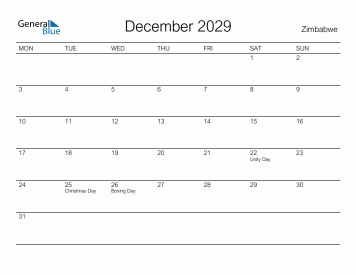 Printable December 2029 Calendar for Zimbabwe