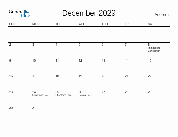 Printable December 2029 Calendar for Andorra