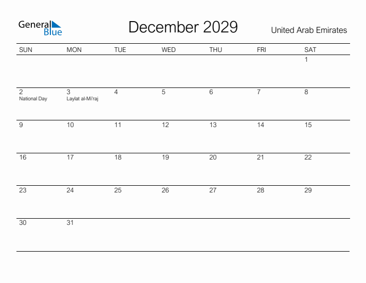 Printable December 2029 Calendar for United Arab Emirates