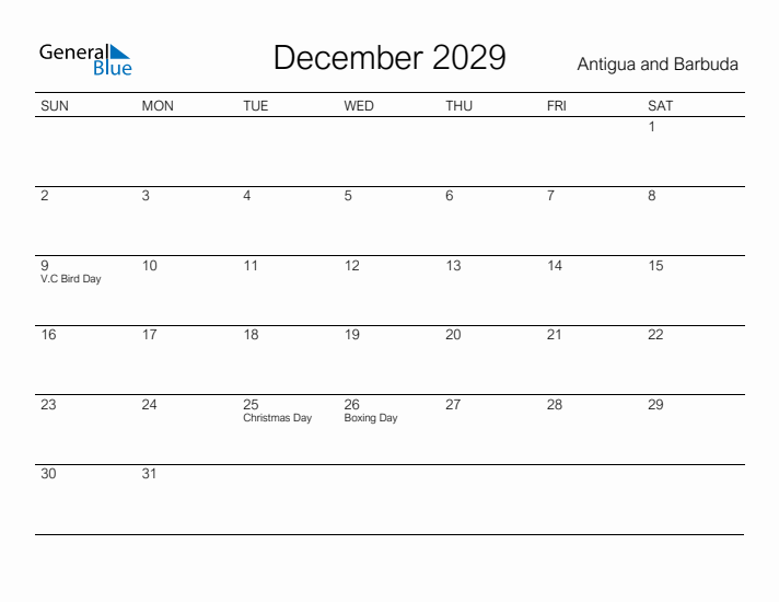 Printable December 2029 Calendar for Antigua and Barbuda