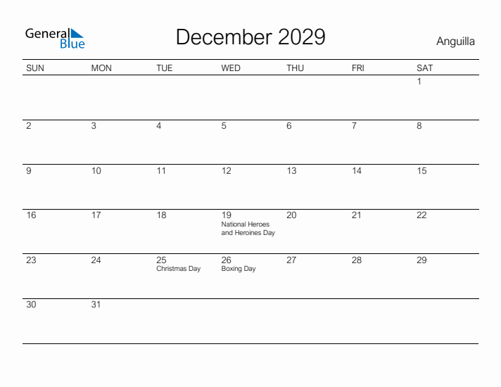 Printable December 2029 Calendar for Anguilla