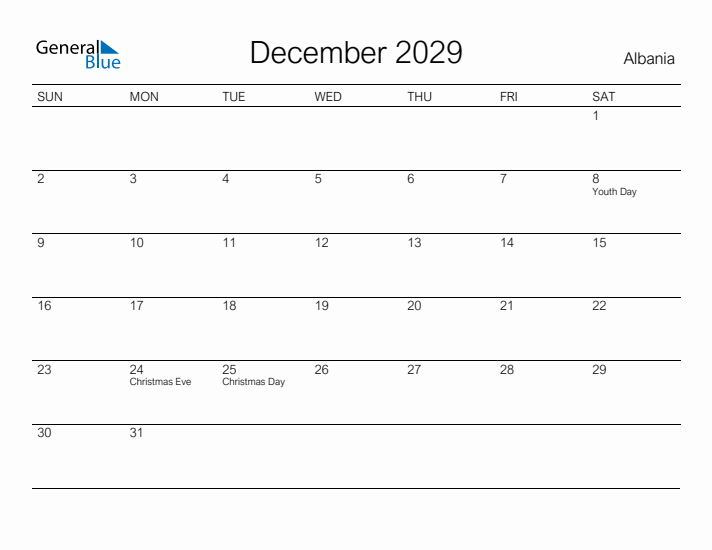 Printable December 2029 Calendar for Albania