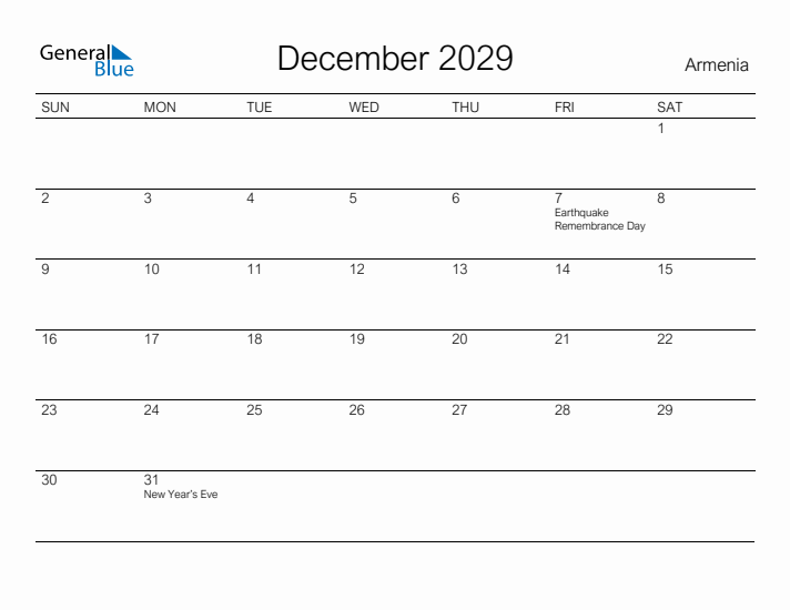 Printable December 2029 Calendar for Armenia