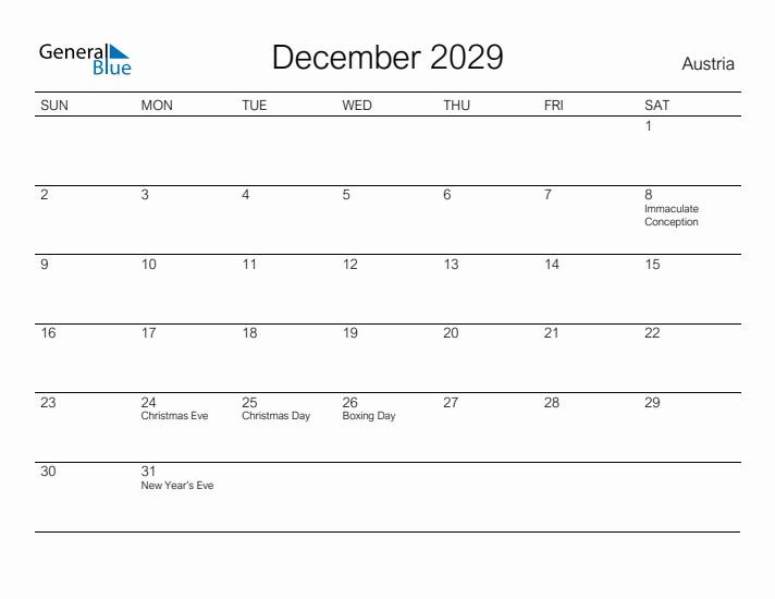 Printable December 2029 Calendar for Austria