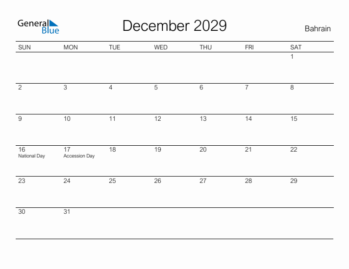 Printable December 2029 Calendar for Bahrain