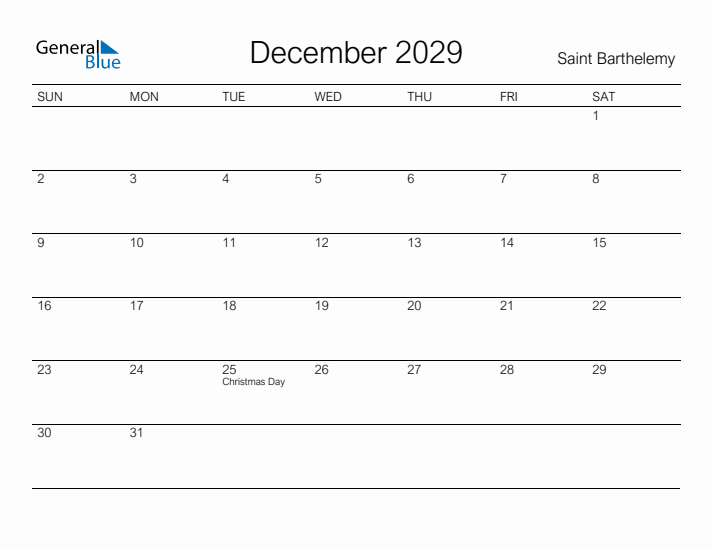 Printable December 2029 Calendar for Saint Barthelemy