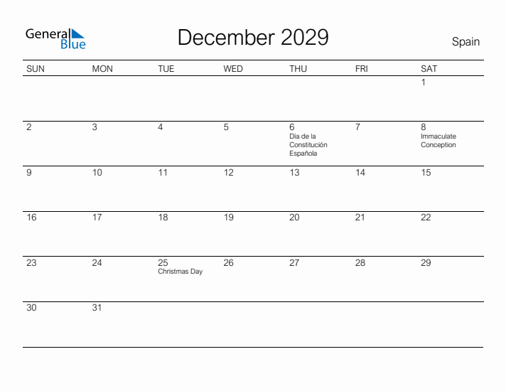 Printable December 2029 Calendar for Spain