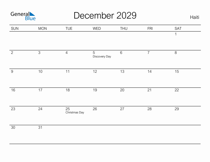 Printable December 2029 Calendar for Haiti