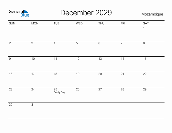 Printable December 2029 Calendar for Mozambique