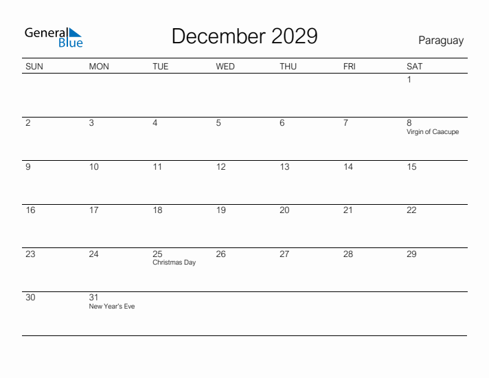 Printable December 2029 Calendar for Paraguay