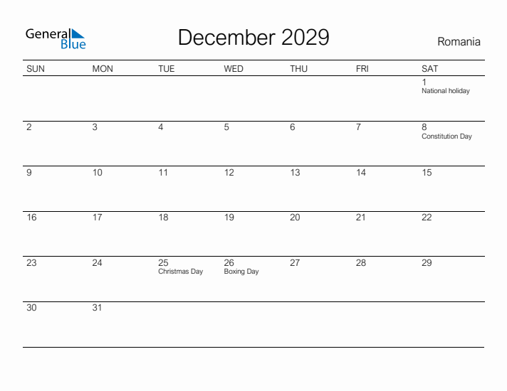 Printable December 2029 Calendar for Romania