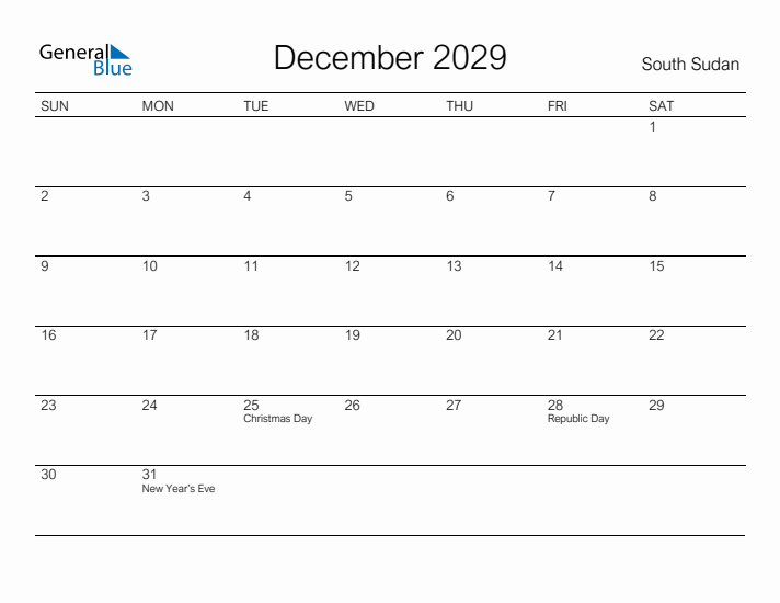 Printable December 2029 Calendar for South Sudan