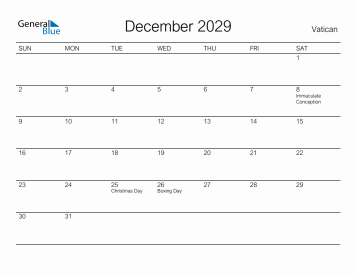 Printable December 2029 Calendar for Vatican