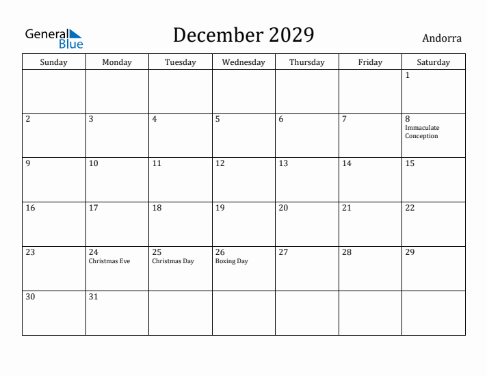 December 2029 Calendar Andorra