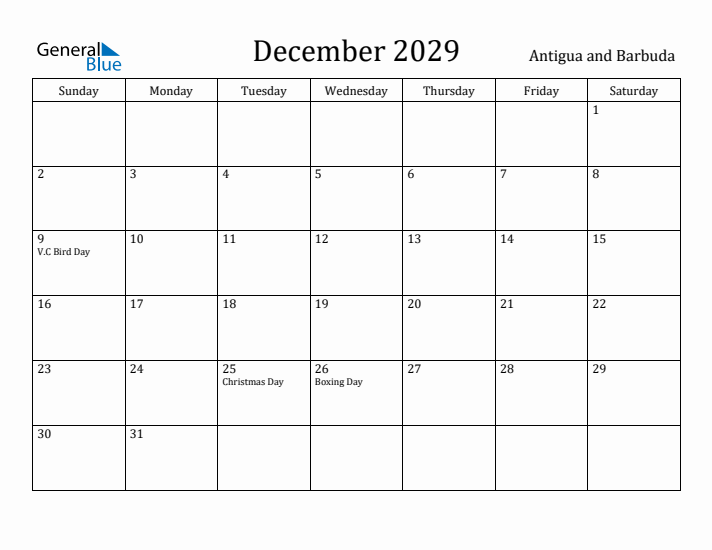 December 2029 Calendar Antigua and Barbuda