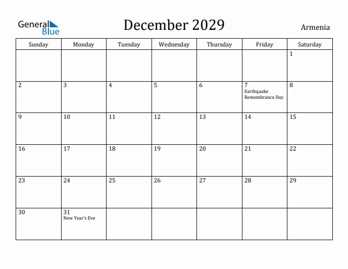 December 2029 Calendar Armenia