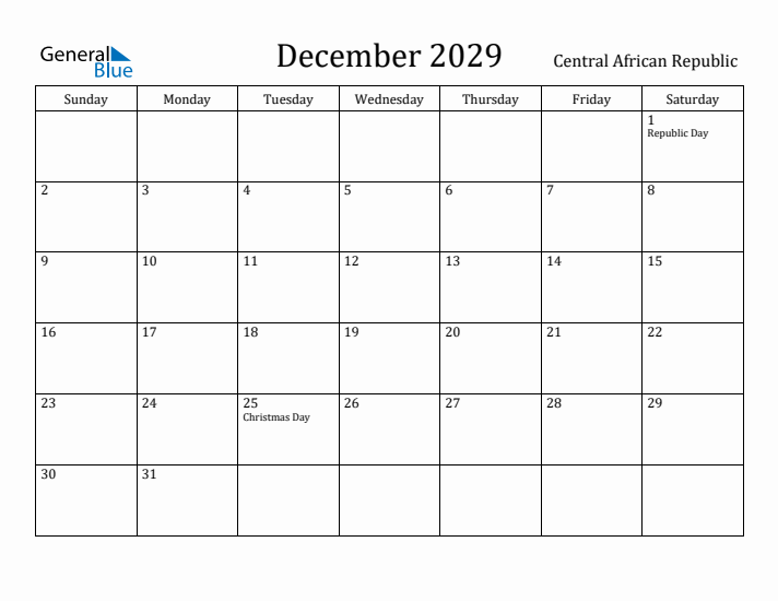 December 2029 Calendar Central African Republic