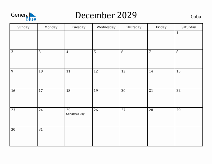 December 2029 Calendar Cuba