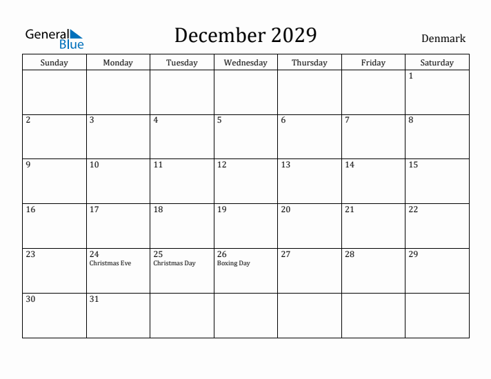 December 2029 Calendar Denmark